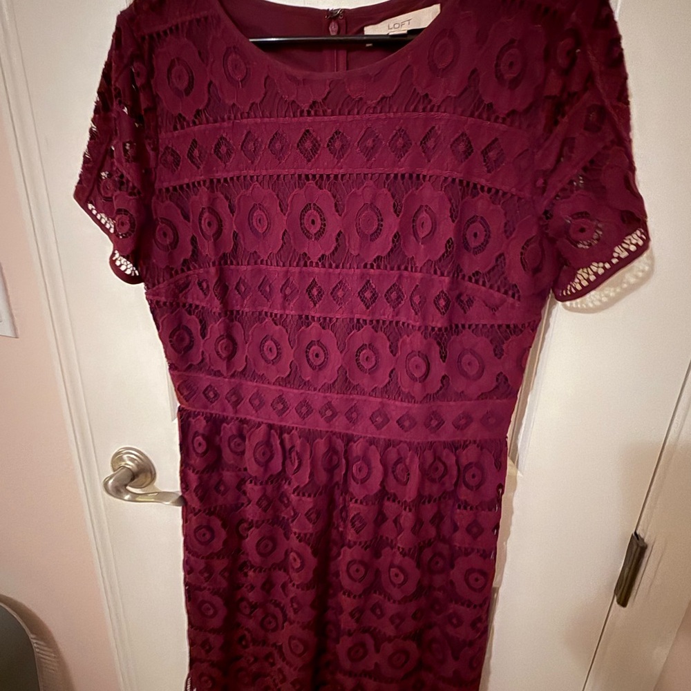 LOFT Red Sheath Midi Dress with Crew Neck
